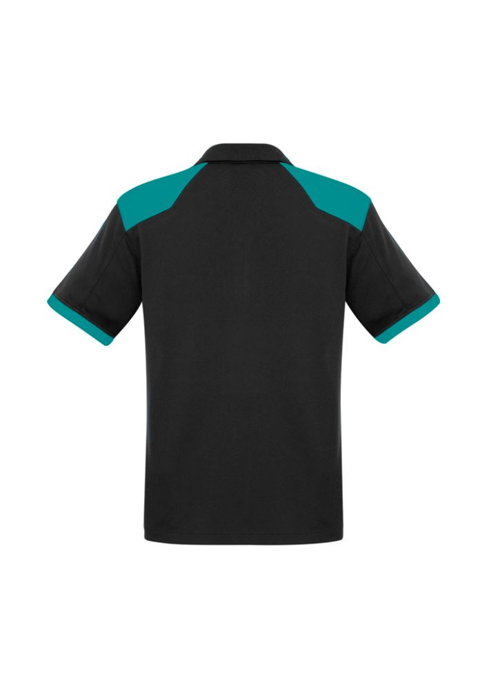 Men's Rival Polo in black and teal, featuring UPF protection, a modern design, and a functional pocket, perfect for casual wear.