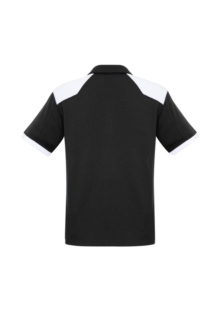 Mens Rival Polo in Black/White, size M, featuring contrast panels, a self-fabric collar, and a functional pocket.
