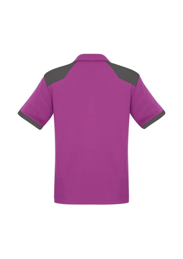 Mens Rival Polo in cerise and grey, featuring breathable fabric, UPF protection, and a stylish contrast panel design. Size S.