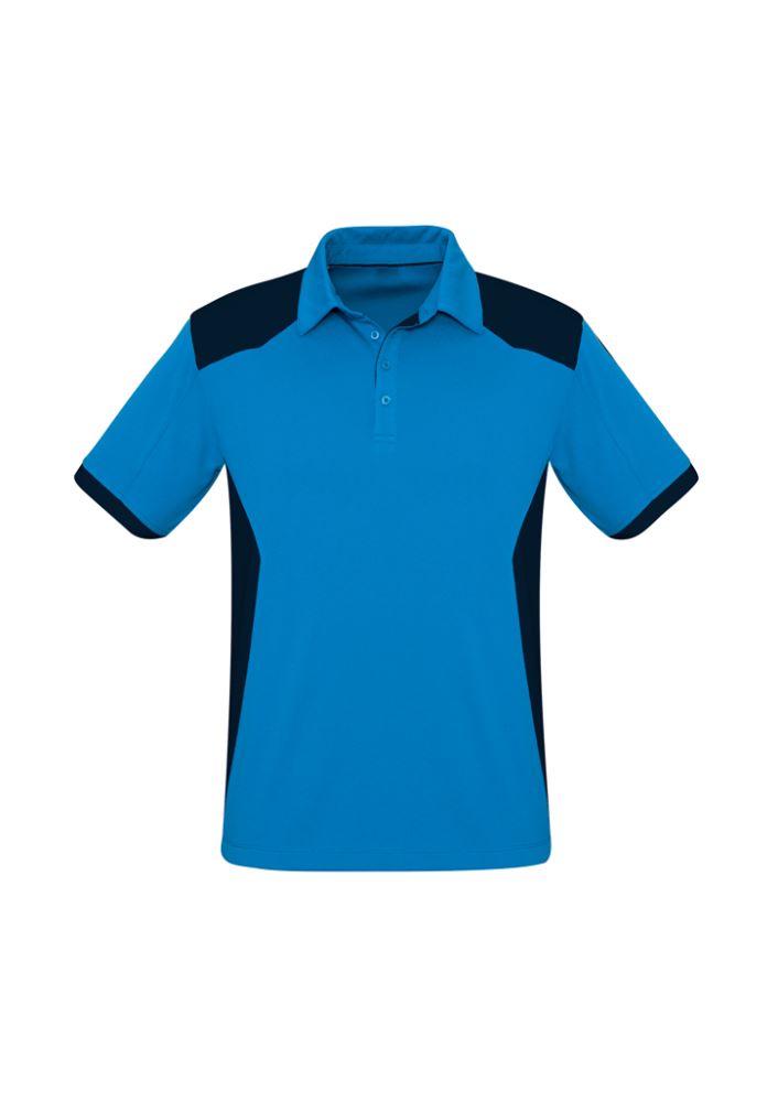 Men's Rival Polo in Cyan/Navy, size 3XL, featuring contrast panels and lightweight UPF fabric for comfort and style.