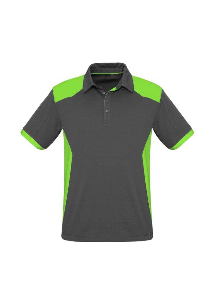 Men's Rival Polo in Grey and Fluoro Lime, crafted from breathable polyester with a self-fabric collar and loose pocket.