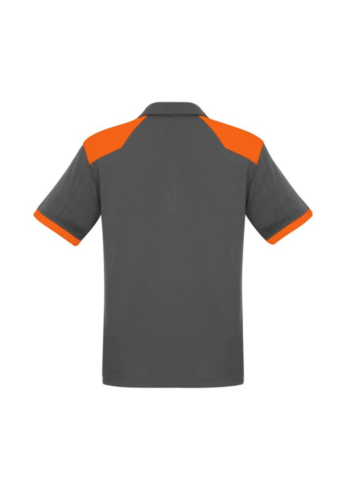 Men's Rival Polo in grey and orange, size 5XL, featuring contrast panels, a self-fabric collar, and UPF protection.