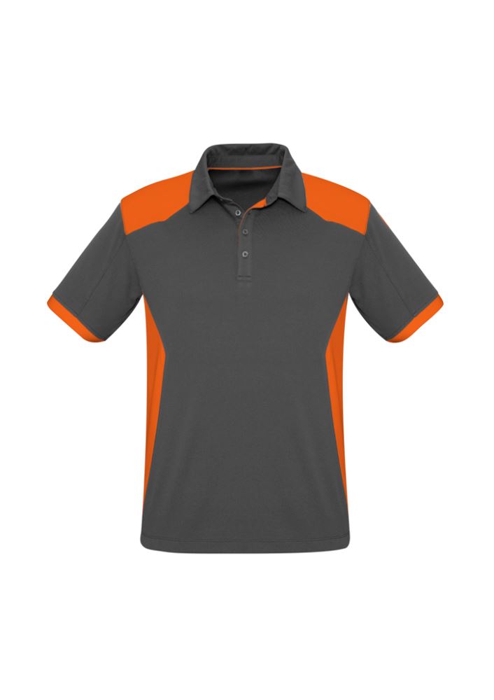 Men's Rival Polo in grey and orange, size S, featuring a stylish design, lightweight fabric, UPF protection, and practical pocket.