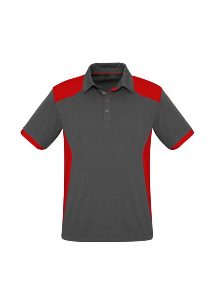Mens Rival Polo in grey and red, featuring a stylish design, self-fabric collar, and UPF protection, ideal for versatile wear.