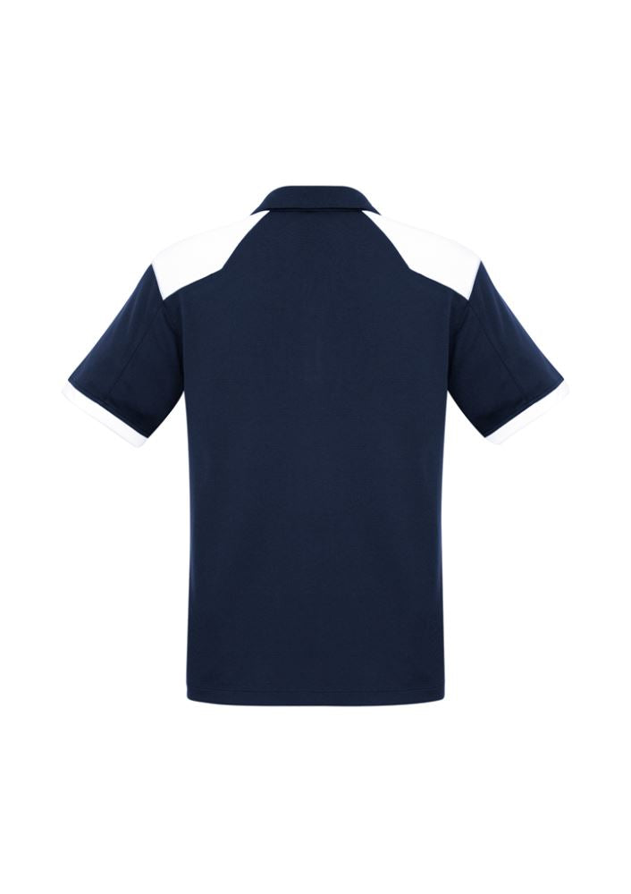 Men's navy and white Rival Polo from Biz Collection, lightweight, UPF protected, featuring bold contrast panel and loose pocket.