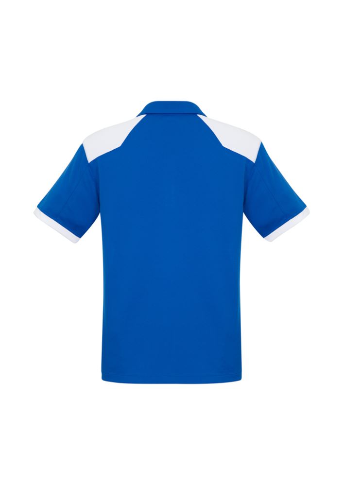 Men's Rival Polo in royal and white, XL size, featuring 100% BIZ COOL fabric, modern design, UPF protection, and relaxed fit.
