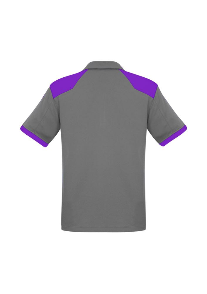 Men's Rival Polo in Silver/Purple, XL, features breathable 100% BIZ COOL™ fabric, contrast panels, and a practical loose pocket.