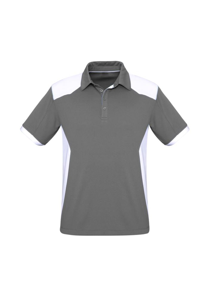 Men's Rival Polo in Silver/White with contrast panels, self-fabric collar, and pocket, perfect for work and leisure.
