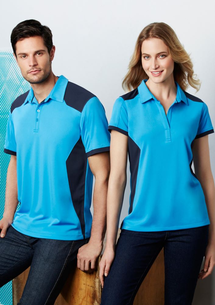 Men's Rival Polo in Cyan and Navy, featuring a modern contrast design, self-collar, and practical pocket for casual wear.
