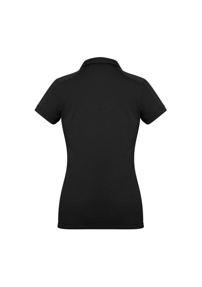 Ladies Profile Polo in black, size 8, featuring a tailored Y-line placket, breathable fabric, and sun protection design.