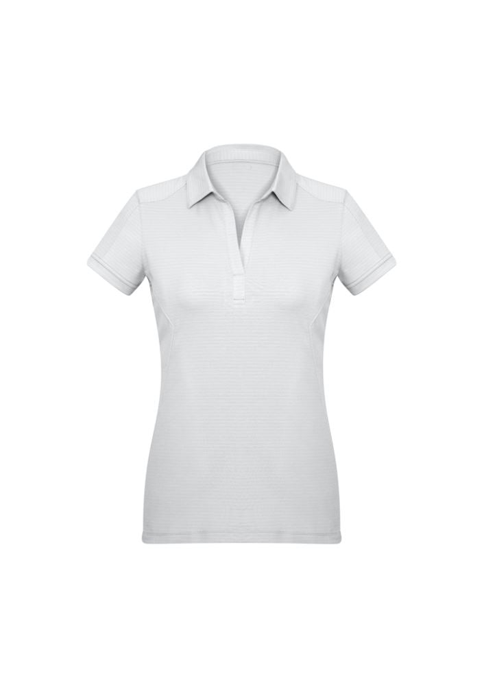 Ladies Profile Polo in white, size 10, featuring breathable BIZ COOL fabric, elegant Y-line placket, and stylish design for versatile wear.