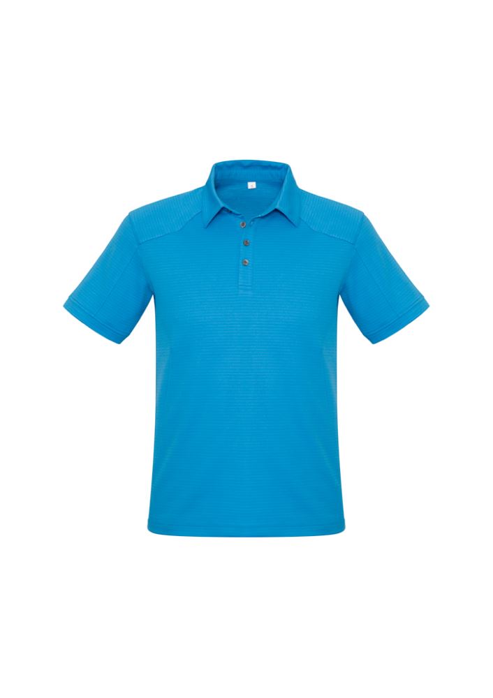 Men's cyan polo shirt in Size M, made from breathable BIZ COOL™ fabric with UV protection, stylish collar, and a convenient pocket.