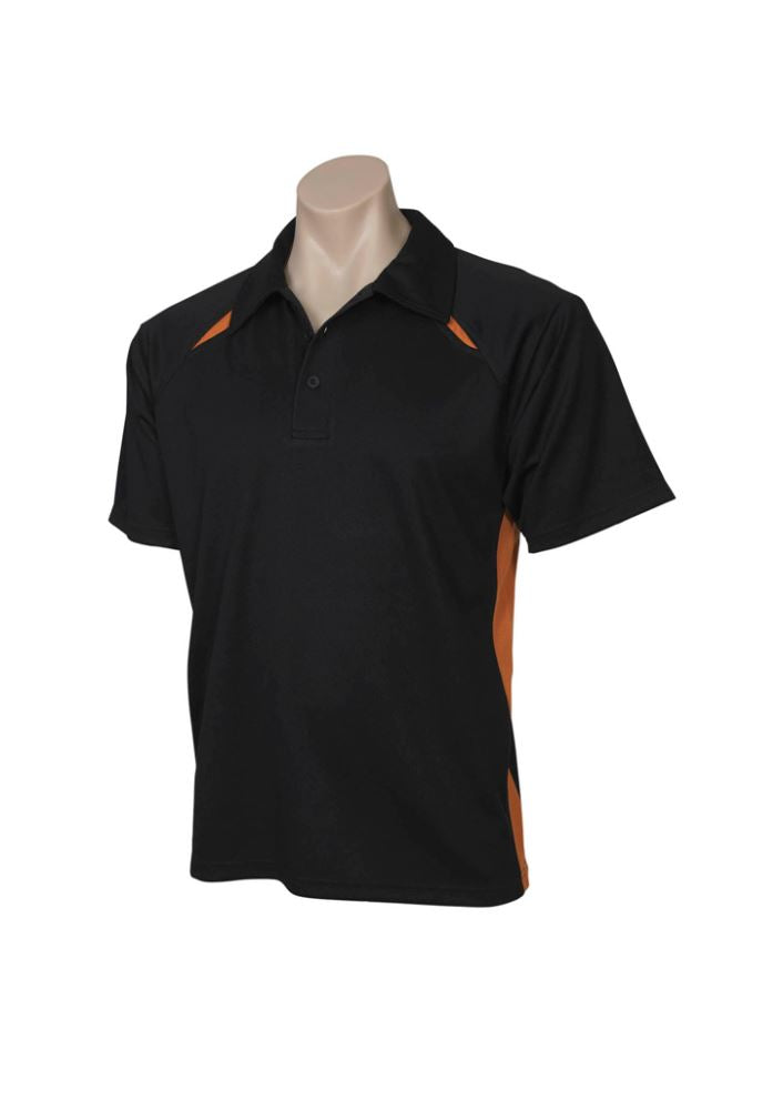 Men's black and orange splice polo in 3XL with breathable polyester mesh and a loose pocket feature.