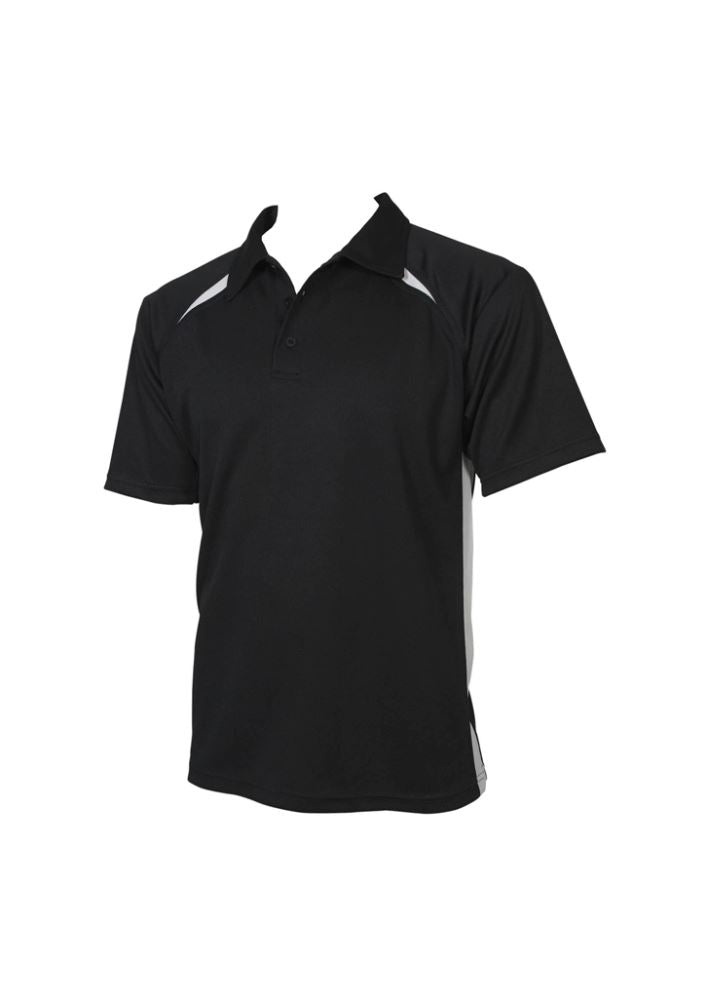 Men's black and white splice polo shirt, size XL, featuring breathable fabric, short sleeves, and a stylish contrast panel.
