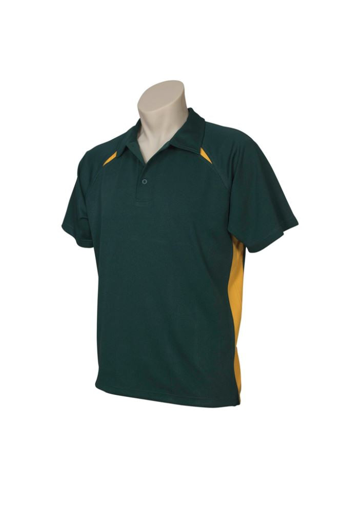 Men's Forest/Gold Splice Polo, size M, features breathable polyester, UPF sun protection, and stylish contrast panel design.