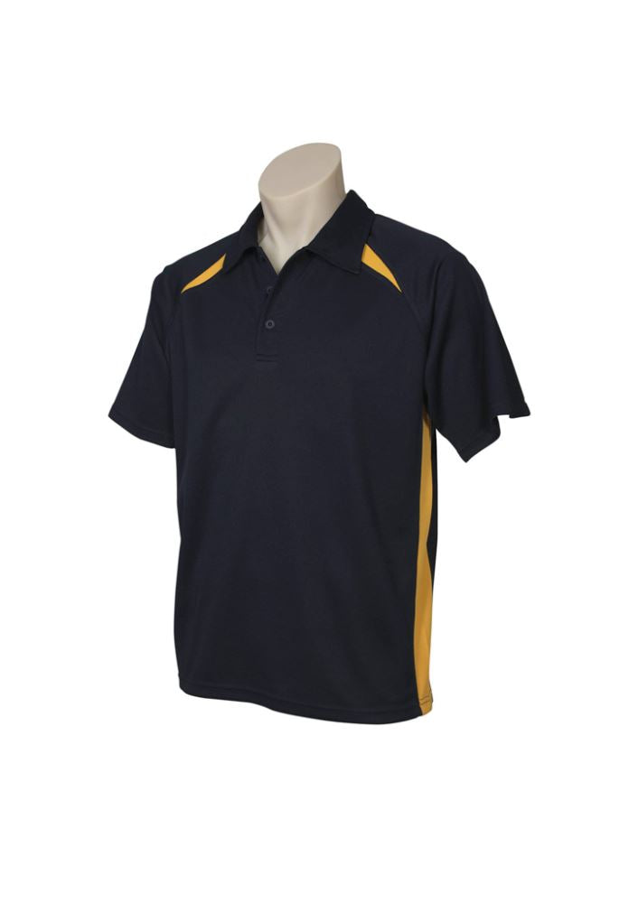 Navy and gold men's polo with short sleeves, breathable fabric, and loose pocket; ideal for casual or business wear.