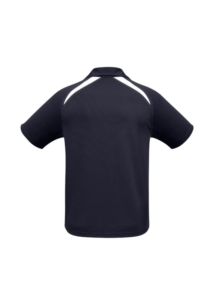 Kids Splice Polo in Navy/White, size 8, featuring breathable fabric, UPF protection, and a stylish self-fabric collar.