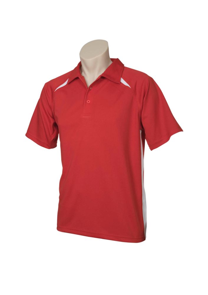 Kids Splice Polo in red and white, size 16; breathable, lightweight fabric with sun protection, perfect for active play.