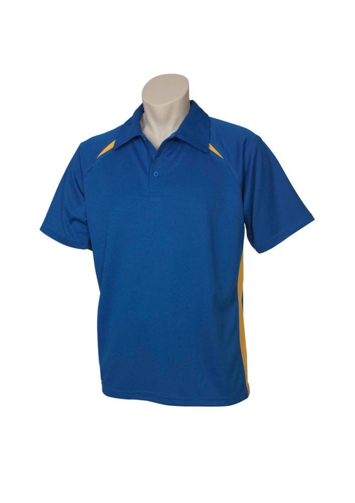 Bright royal blue and gold kids' polo shirt, size 16, with short sleeves, breathable fabric, and UPF protection.