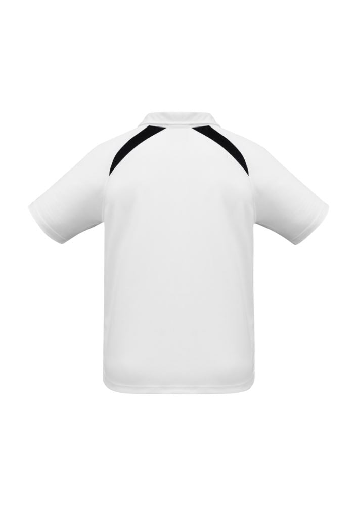 Kids Splice Polo in White/Navy, size 14, features breathable mesh fabric, short sleeves, and a stylish contrast panel design.