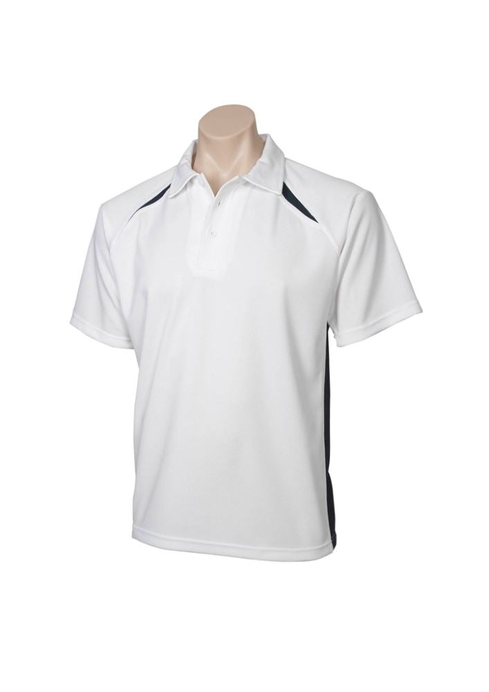 Kids Splice Polo in white and navy, size 8, made from breathable polyester with a stylish design for active play.