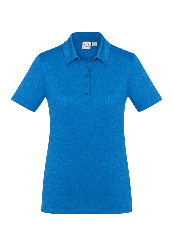 Ladies Aero Polo in cyan, size 10, featuring breathable fabric, UV protection, and a stylish heathered pattern.