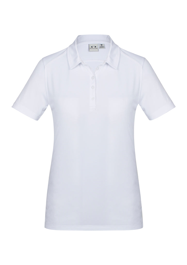 Ladies Aero Polo in white, size 8, featuring lightweight, anti-shrink fabric with a heathered pattern for style and comfort.