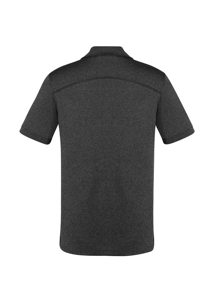 Men's Aero Polo in black, size L, featuring lightweight micro polyester, UPF protection, stylish heathered pattern, and a loose pocket.