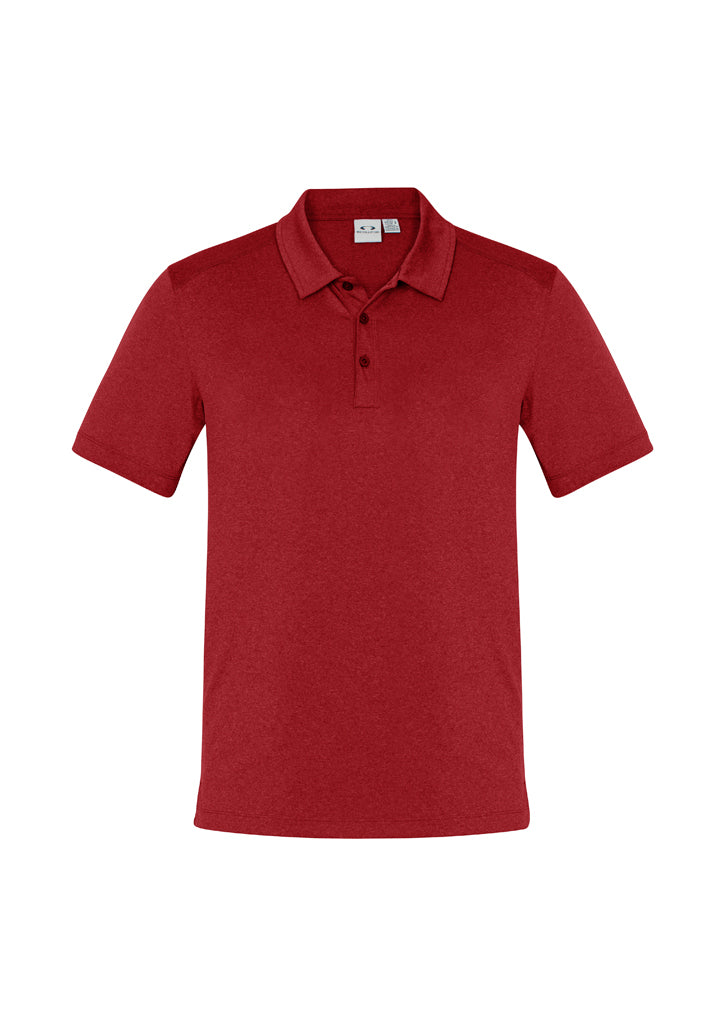 Mens Aero Polo in red, size M, featuring lightweight, breathable fabric, heathered pattern, and a stylish pocket for versatility.