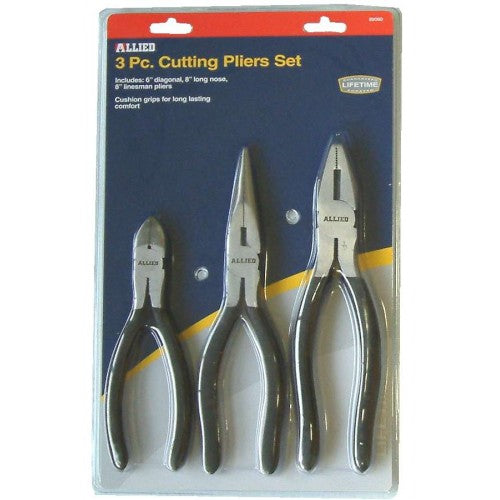 Plier - Cutting Set 3pce #89080 includes 7" diagonal cutter and 8" long nose and linesman pliers with durable, comfortable grips.