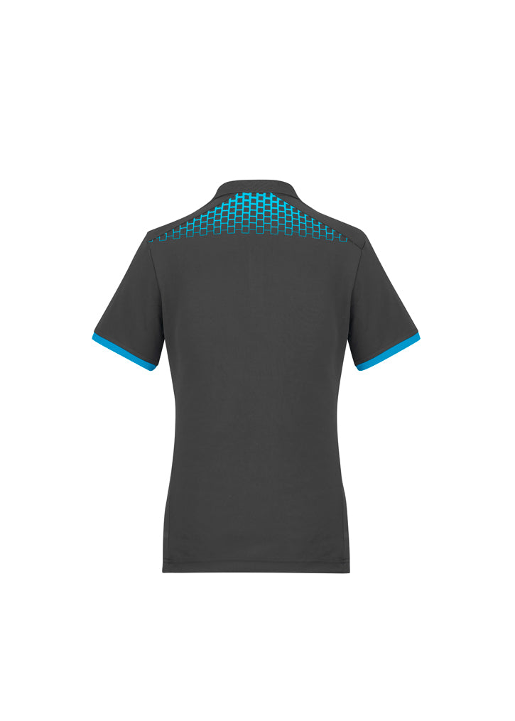 Ladies Galaxy Polo in Grey/Cyan, size 12, featuring a dynamic hexagonal print and breathable, moisture-wicking fabric.
