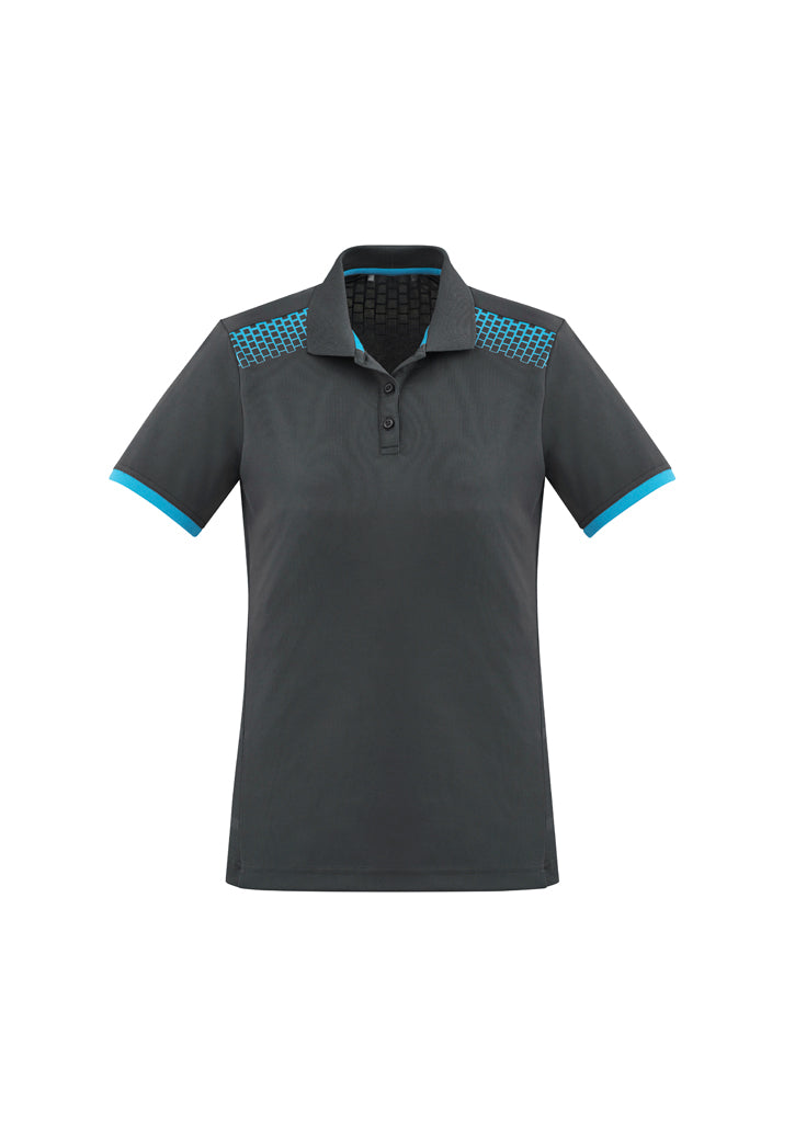 Ladies Galaxy Polo in Grey and Cyan, Size 12, featuring hexagonal print, breathable fabric, and UPF protection for active wear.