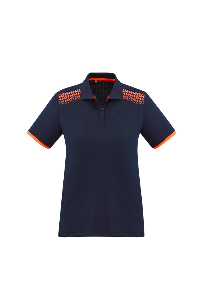 Ladies Galaxy Polo in Navy and Fluoro Orange, size 18, featuring breathable fabric and dynamic hexagonal print for style.