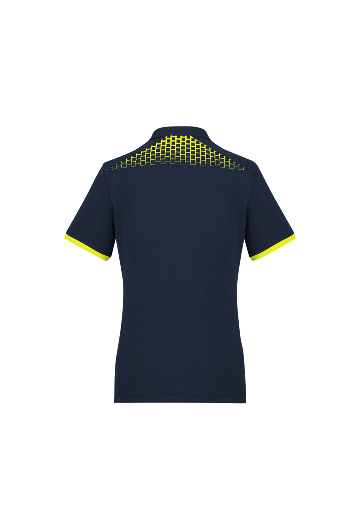 Ladies Galaxy Polo in Navy/Fluoro Yellow, size 20, featuring breathable fabric and modern hexagonal print for style and comfort.