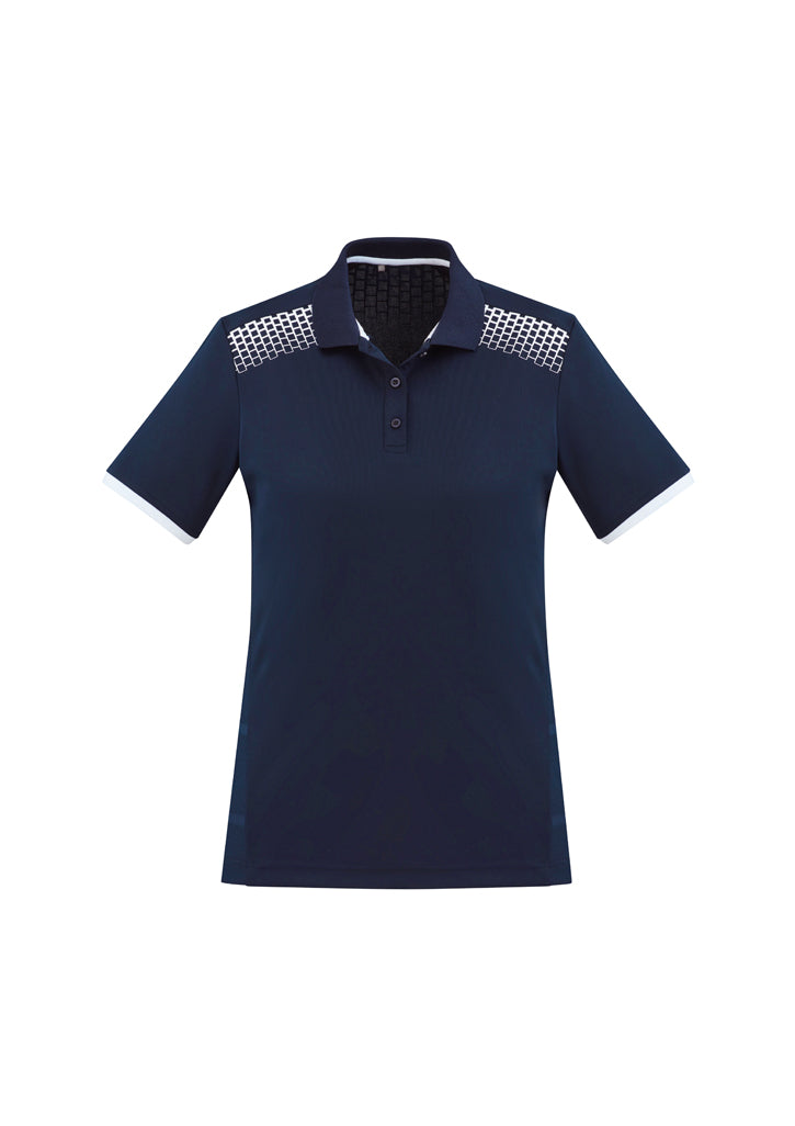 Ladies Galaxy Polo in Navy/White, Size 10, features breathable fabric, antibacterial treatment, and hexagonal print design.
