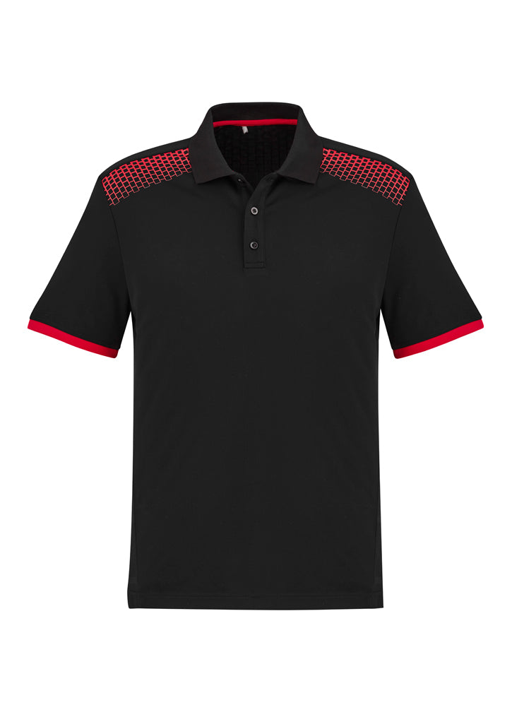 Mens Galaxy Polo in black and red, size 5XL, featuring a breathable design, UPF protection, and dynamic hexagonal prints.