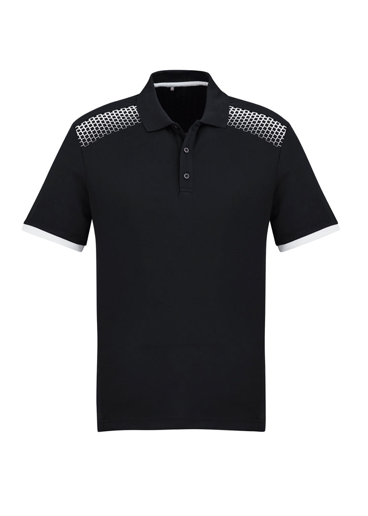 Mens Galaxy Polo in Black and White, Size S, featuring breathable fabric, antibacterial treatment, and hexagonal print accents.