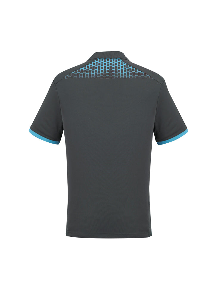 Men's grey and cyan Galaxy Polo, size S, featuring breathable fabric, antibacterial treatment, and stylish hexagonal print.