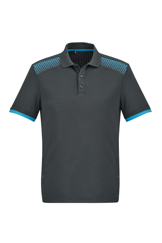 Men's Galaxy Polo in Grey/Cyan, size XS; breathable polyester, dynamic print, antibacterial, and vented side panels for comfort.