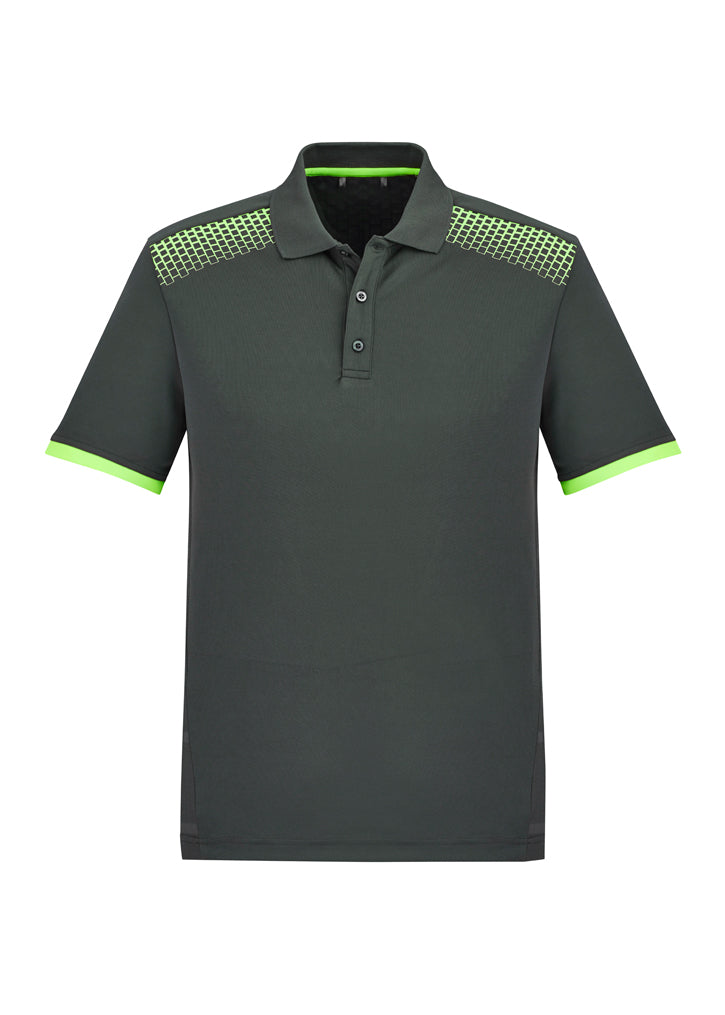 Men's Galaxy Polo in Grey/Fluoro Lime, size XL, features breathable fabric, dynamic hexagonal print, and mesh side panels.