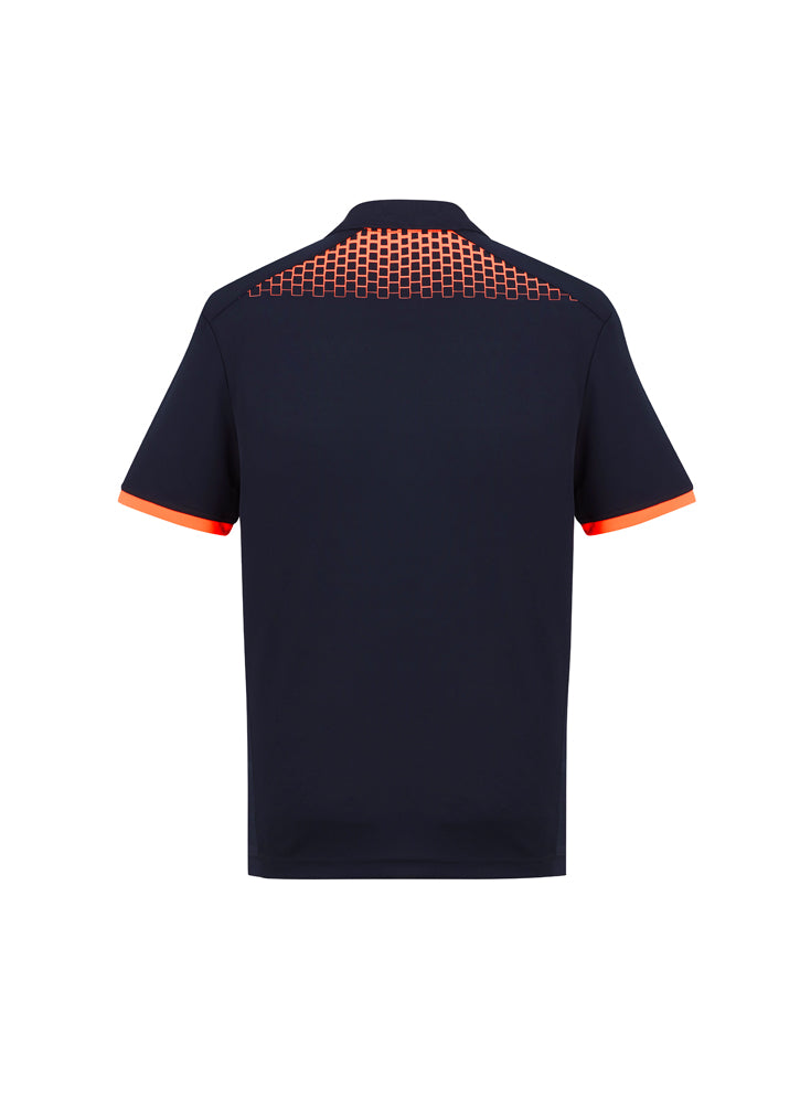 Men's Galaxy Polo in navy and fluoro orange, size 2XL; features breathable fabric, UPF protection, and a dynamic hexagonal print.