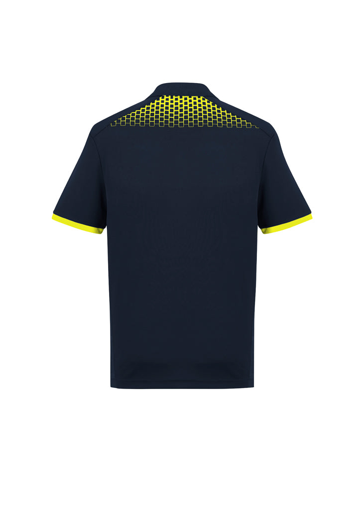 Men's Galaxy Polo in navy and fluoro yellow, size S, featuring breathable fabric, UPF protection, and stylish hexagonal print.