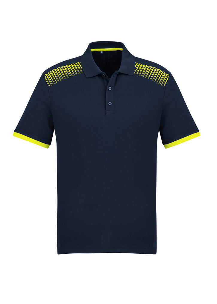 Men's Galaxy Polo in Navy and Fluoro Yellow, size XL, features breathable fabric, dynamic print, and antibacterial treatment.