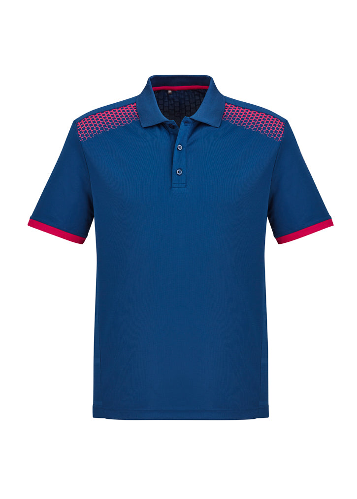 Men's Galaxy Polo in Steel Blue and Magenta, Size XS, featuring breathable fabric, antibacterial treatment, and stylish hexagonal print.