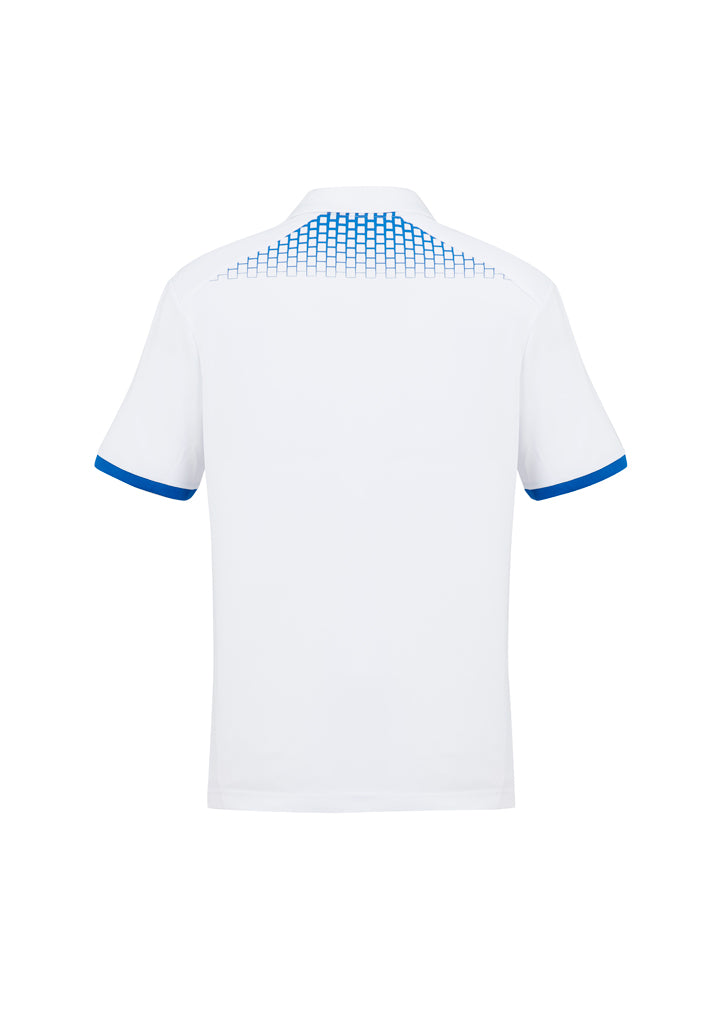 Men's Galaxy Polo in White/Royal, 5XL, featuring breathable fabric, dynamic print, and stylish design for comfort and ventilation.