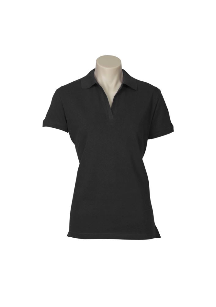 Ladies Oceana Polo in black, size 10, made with cotton-rich fabric for comfort and style, featuring a ribbed placket and side splits.