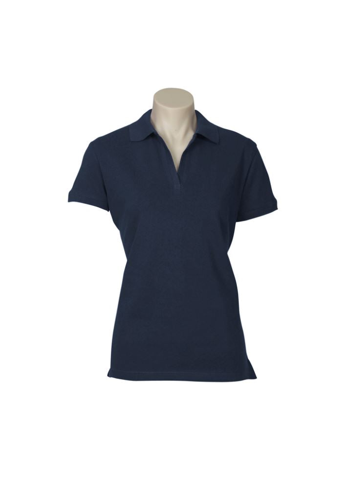Navy Ladies Oceana Polo in Size 14, featuring breathable fabric, UPF protection, and stylish details for versatile wear.
