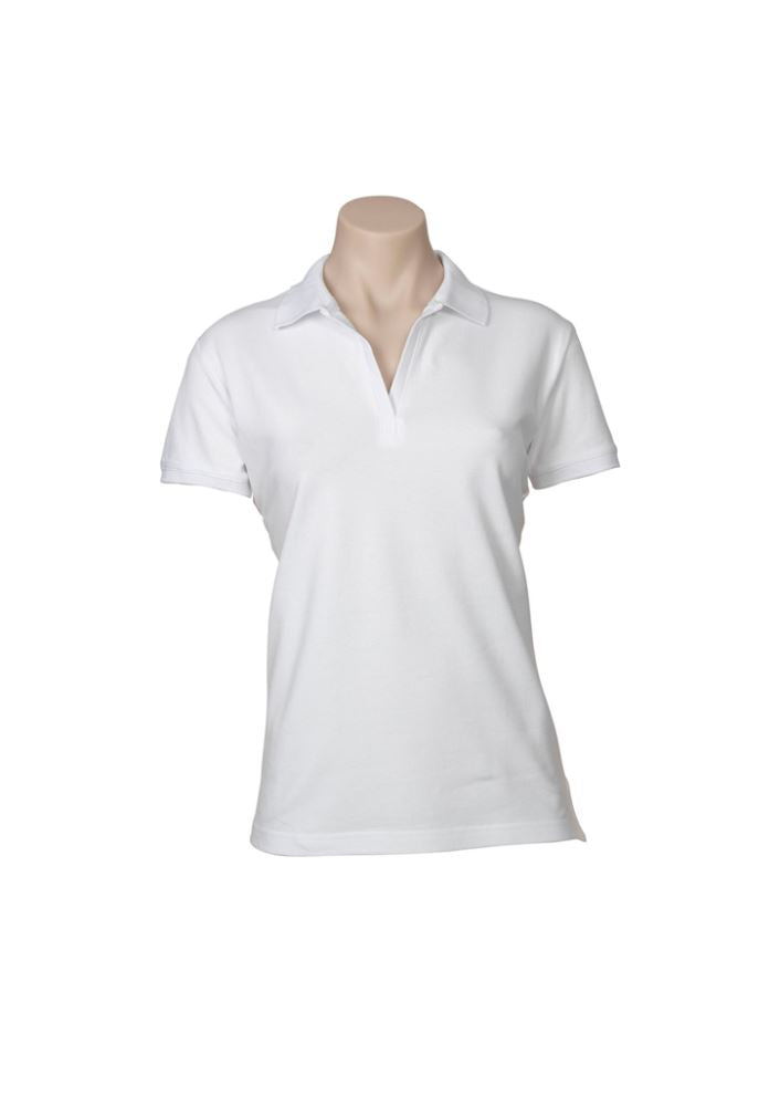 Ladies Oceana Polo in white, size 6, features breathable cotton blend fabric with stylish rib placket and side splits for mobility.