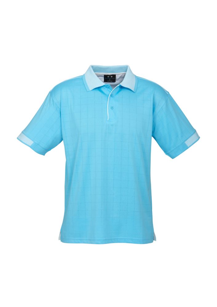 Aqua blue and white men's polo featuring self-check pattern, breathable fabric, contrast collar, and half cuffs in size 2XL.
