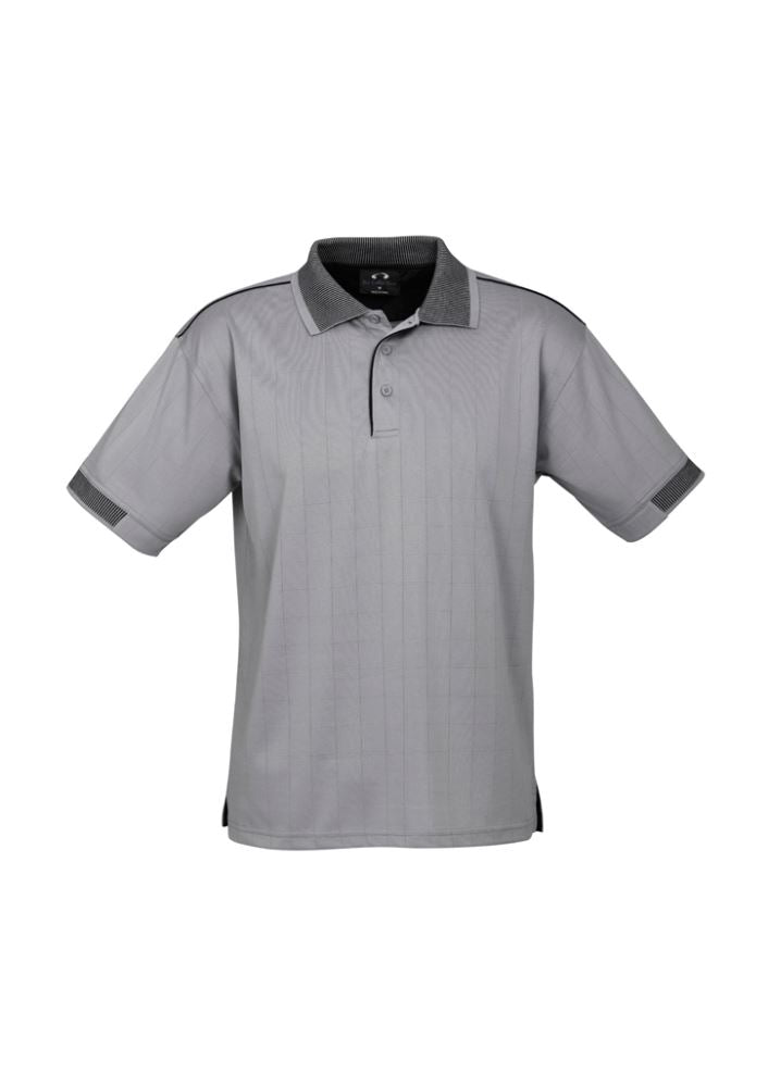 Men's 5XL Noosa Self Check Polo in Silver Grey/Black, featuring stylish contrast collar, breathable fabric, and practical pocket.